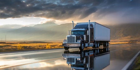 Truck on the road at sunset. Concept of transportation and logisticsの素材