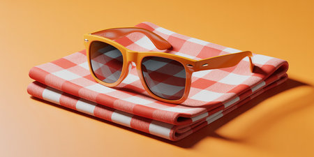 Orange sunglasses and checkered tablecloth isolated on orange background.の素材