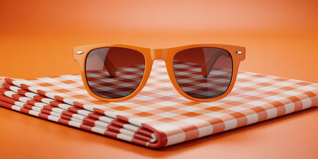 Sunglasses and checkered tablecloth on orange background.の素材