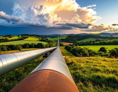 Pipeline on the meadow in the Czech Republic at sunsetの素材