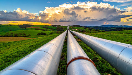 Pipeline on the field at sunset, Tuscany, Italyの素材