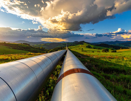 Pipeline on the field at sunset. Beautiful summer landscape.の素材