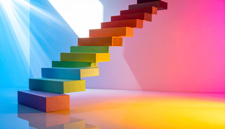 Conceptual image of colorful stairs in empty room. 3D renderingの素材