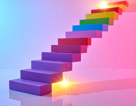 Conceptual image with colorful stairs going up in a bright backgroundの素材