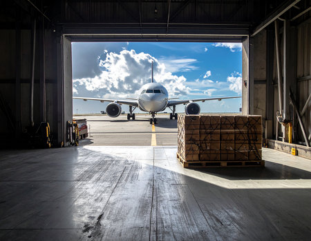 Airplane in cargo warehouse. Cargo transportation and delivery of goods.の素材