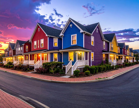 Colorful homes in a row at sunset in North Carolina, USA.の素材