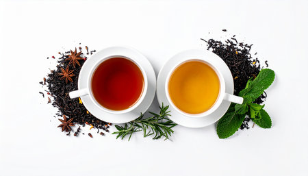 Two cups of black tea with mint and spices on a white backgroundの素材