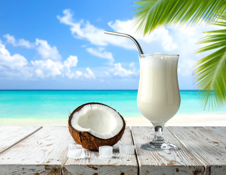 Coconut milk on a wooden table on a tropical beach backgroundの素材
