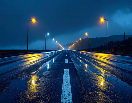 Highway in the evening with the lights of the street lamps.の素材