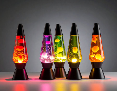 Illustration of a group of colorful fluorescent lamps on a grey backgroundの素材