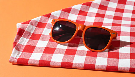 Sunglasses on a red checkered tablecloth on an orange backgroundの素材