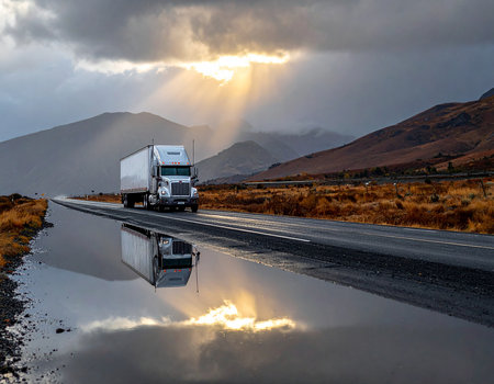 Truck on the road with reflection in puddle and dramatic skyの素材