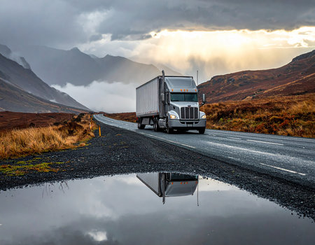 Long haul bonnet big rig semi truck with refrigerated semi trailer driving on mountain road in Scotland, United Kingdomの素材