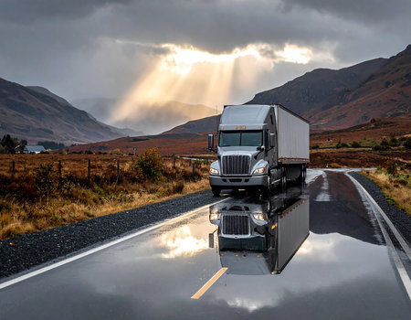 A modern powerful semi-trailer on the road in the Scottish Highlandsの素材