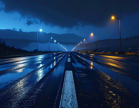 Night road with traffic lights and reflection on wet asphalt in the rainの素材