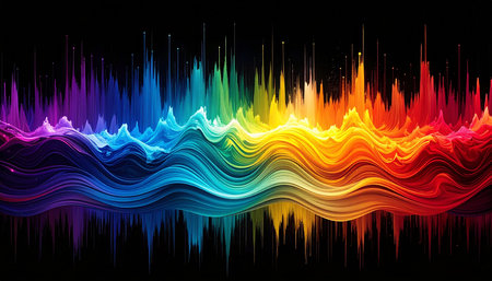 abstract colorful sound wave on black background with copy space for textの素材