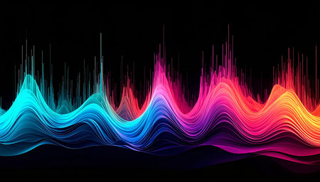 abstract colorful sound waveform on black background, 3d illustrationの素材