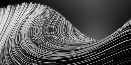 3d rendering of abstract wavy lines in black and white colorsの素材