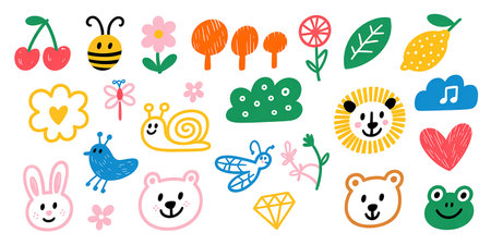 Cute hand drawn doodle animals, flowers, butterflies and other elements.の素材