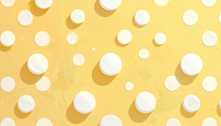 White circles on a yellow wall. Abstract background and texture for design.の素材