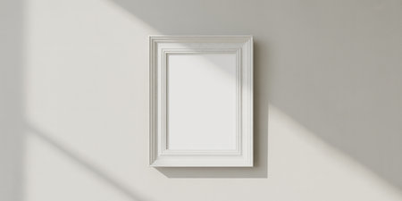 Blank picture frame hanging on white wall. 3d render illustrationの素材
