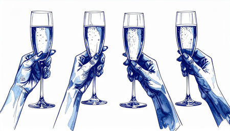 Vector illustration of hands holding glasses of champagne. Hand drawn sketch.の素材