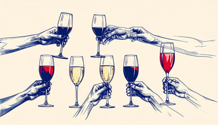 Illustration of hands holding glasses of red, white and rose wineの素材