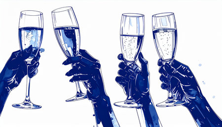 Hands holding glasses of champagne. Vector illustration on white background.の素材