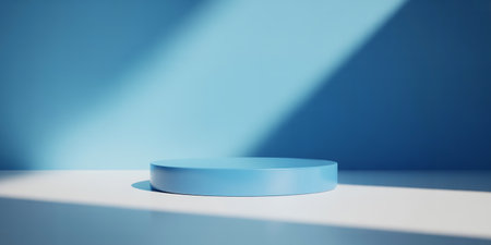 3D rendering of a blue podium on a white background with a shadow from the wallの素材