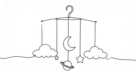 hanger with moon and stars. Continuous line drawing. Vector illustrationの素材