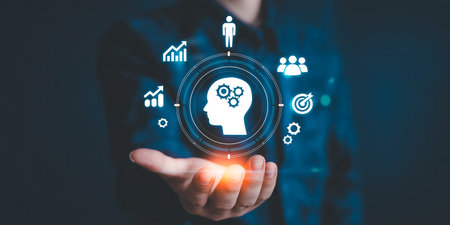 Businessman on blurred background using digital interface with icons 3D renderingの素材