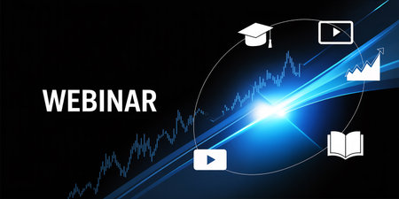 Digital composite of Webinar text with blue light and academic cap on black backgroundの素材