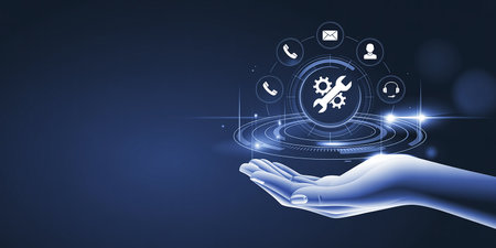 Digital composite of Hand with technology interface against blue background 3D renderingの素材