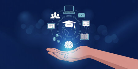 Illustration of a hand holding a graduation cap with icons on a blue backgroundの素材