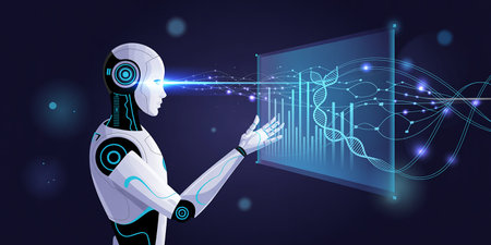 Humanoid robot analyzing investment charts. Artificial intelligence concept. Vector illustrationの素材