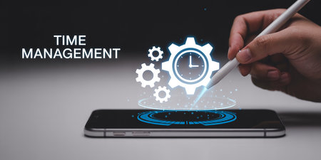 Time management concept on virtual screen. Business, Technology, Internet and network concept.の素材