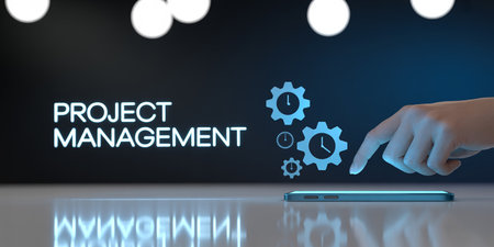 Hand touching smartphone with project management concept. 3d render illustration.の素材