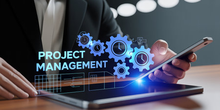 Project management concept on virtual screen. Business, Technology and Internet concept.の素材