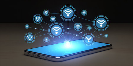Wireless connection concept on modern smart phone screen. 3D renderingの素材