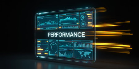 Futuristic hologram display withPERFORMANCE text 3D renderingの素材