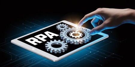 Businessman hand touching RPA text on virtual screen, business technology conceptの素材