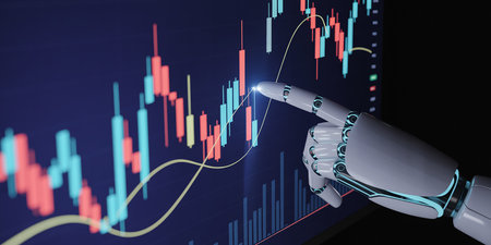 3d rendering robot hand pointing to stock market chart on digital screenの素材