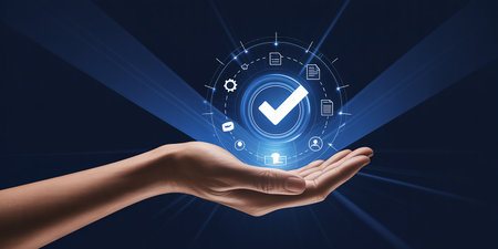 Close up of human hand holding multimedia icon in palm with blue backgroundの素材