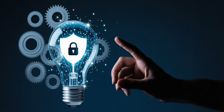 Businessman on blurred background holding glowing lightbulb with padlock iconsの素材