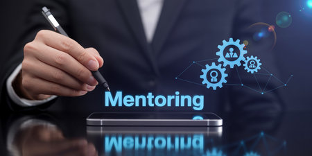 Businessman pressing on a virtual screen and selecting Mentoring. Business concept.の素材