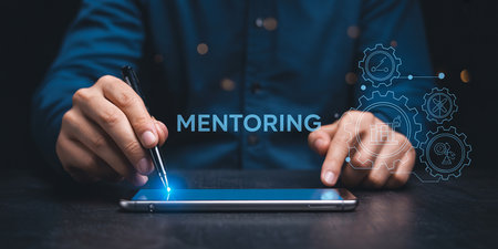 Mentoring concept on virtual screen. Business, Technology and Internet concept.の素材