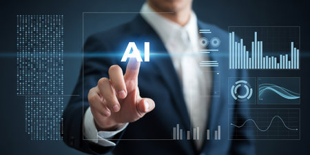 AI Learning and Artificial Intelligence Concept. Businessman pressing button on virtual screen.の素材