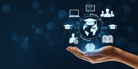 Concept of online education with hand holding virtual icons on blue backgroundの素材