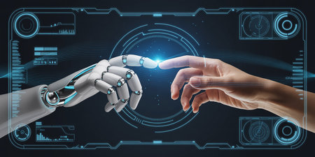 Robot hand touching human finger with digital interface on dark background 3D renderingの素材