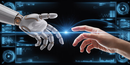 Robot hand on blurred background using digital holographic projection 3D renderingの素材